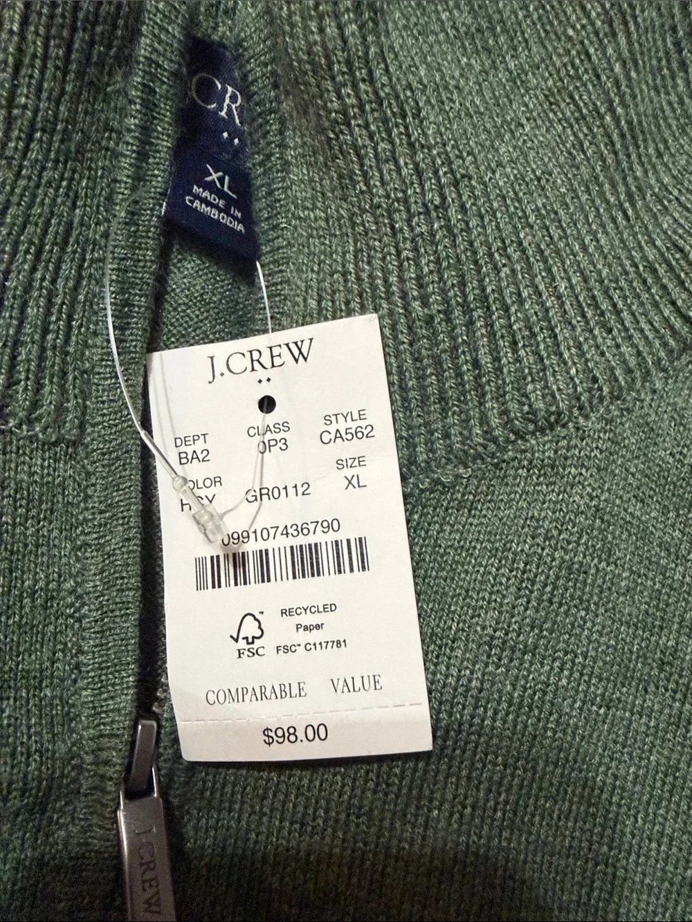 J. Crew Men's Olive Green Zip-Up Sweater